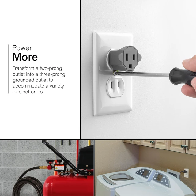 Alt view image 3 of 4 - 2 Prong to 3 Prong Outlet Adapter, Two to Three Plug Converter | ETL Safety Listed, Gray, 58900