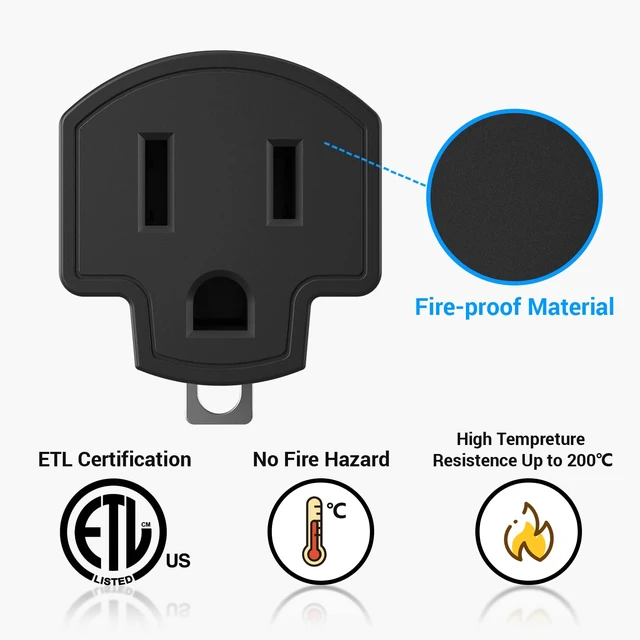 Alt view image 3 of 7 - 3 Prong to 2 Prong Adapter, 6 Pack ETL Listed Polarized Grounding Converter, Fireproof Material Wall Outlet Converter, Portable 3 to 2 Outlet Adapter Indoor Use, Black