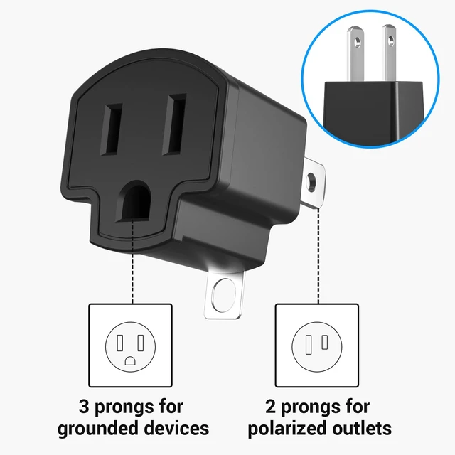 Alt view image 2 of 7 - 3 Prong to 2 Prong Adapter, 6 Pack ETL Listed Polarized Grounding Converter, Fireproof Material Wall Outlet Converter, Portable 3 to 2 Outlet Adapter Indoor Use, Black