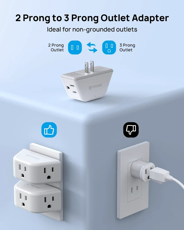 Alt view image 2 of 7 - 2 Prong to 3 Prong Outlet Adapter for Old House, 2 Pack | 3-Way Angled Wall Extender with 3 AC Sockets, Plug Expander for Non-Grounded Socket in Home Hotel, Cruise Essentials, White