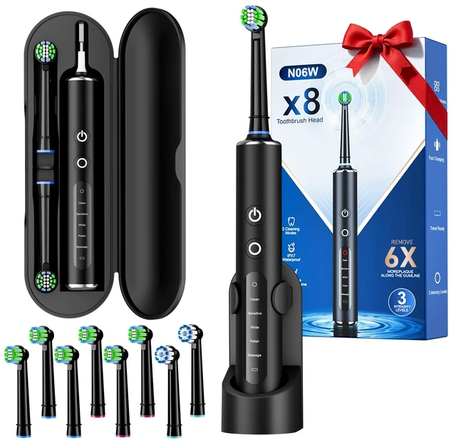 Main image of Electric Toothbrush for Adults, 8 Replacement Brush Heads with 2-Minute Smart Timer and 5 Cleaning Modes,Rechargeable Rotating Toothbrush with Travel Case(Black)