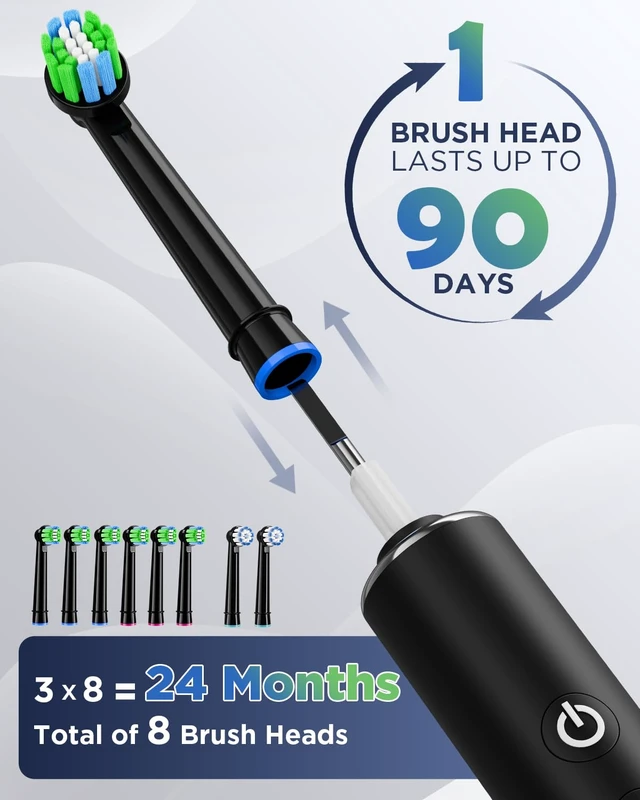 Alt view image 3 of 6 - Electric Toothbrush for Adults, 8 Replacement Brush Heads with 2-Minute Smart Timer and 5 Cleaning Modes,Rechargeable Rotating Toothbrush with Travel Case(Black)