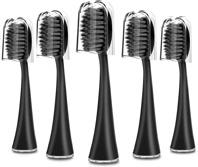 Main image of Replacement Toothbrush Heads for Burst Sonic Toothbrush with Dust Cover Caps, Soft Charcoal Bristles for Deep Clean, Black, Pack of 5