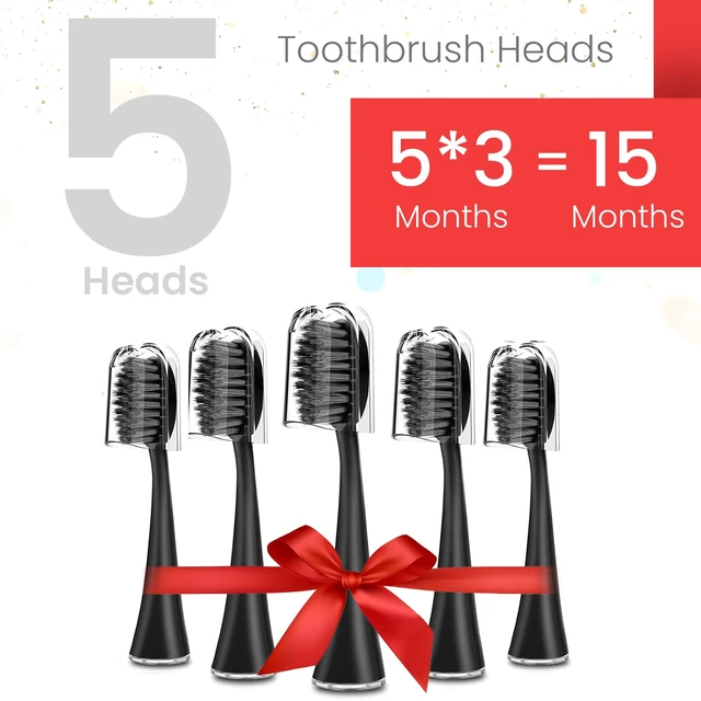Alt view image 2 of 7 - Replacement Toothbrush Heads for Burst Sonic Toothbrush with Dust Cover Caps, Soft Charcoal Bristles for Deep Clean, Black, Pack of 5