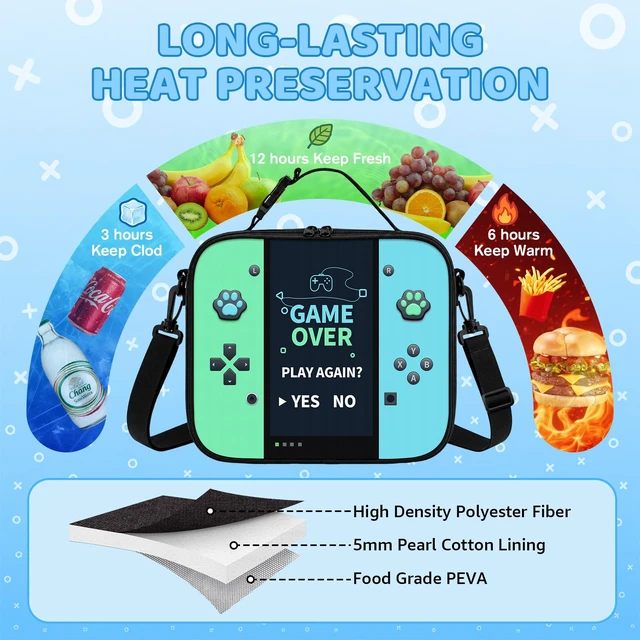 Alt view image 3 of 7 - Game Console Insulated Lunch Bag lonchera for Teen Boys Girls Kids, Reusable Large Capacity Gamer Lunch Box with name tag, Adjustable Strap for School Office Picnic, Portable Waterproof Leakproof