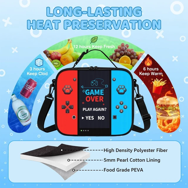Alt view image 3 of 6 - Game Console Insulated Lunch Bag lonchera for Teen Boys Girls Kids, Reusable Large Capacity Gamer Lunch Box with name tag, Adjustable Strap for School Office Picnic, Portable Waterproof Leakproof