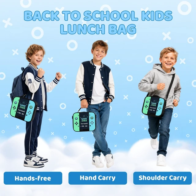 Alt view image 6 of 7 - Game Console Insulated Lunch Bag lonchera for Teen Boys Girls Kids, Reusable Large Capacity Gamer Lunch Box with name tag, Adjustable Strap for School Office Picnic, Portable Waterproof Leakproof
