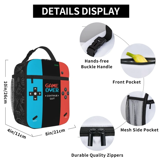 Alt view image 6 of 7 - Game Insulated Lunch Box,Game Console Kids Lunch Bag For Boys Girls,Reusable Portable Kids Boys Gamer School Lunch Box With Detachable Handle (Game Neon Red & Blue)