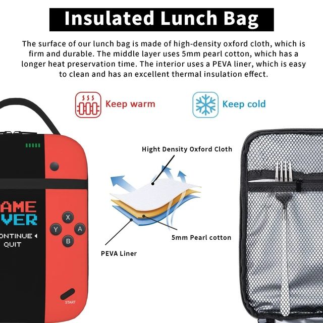 Alt view image 5 of 7 - Game Insulated Lunch Box,Game Console Kids Lunch Bag For Boys Girls,Reusable Portable Kids Boys Gamer School Lunch Box With Detachable Handle (Game Neon Red & Blue)