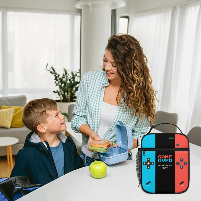 Alt view image 7 of 7 - Game Insulated Lunch Box,Game Console Kids Lunch Bag For Boys Girls,Reusable Portable Kids Boys Gamer School Lunch Box With Detachable Handle (Game Neon Red & Blue)