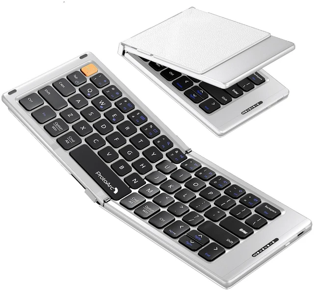 Main image of XK04 Foldable Compact Keyboard for Phone and Tablet, White Silver | Pocket-Sized, PU Leather Cover, Bluetooth 3-Device Workflow, for Business Travelers, On-the-go Typing