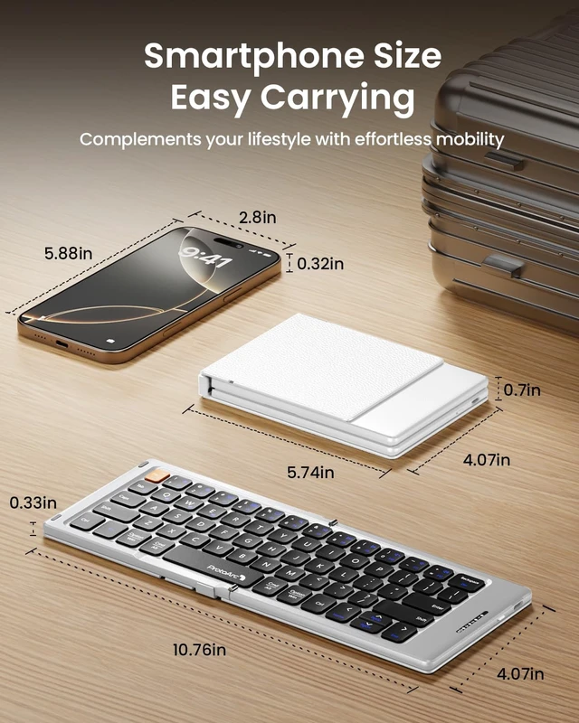 Alt view image 2 of 7 - XK04 Foldable Compact Keyboard for Phone and Tablet, White Silver | Pocket-Sized, PU Leather Cover, Bluetooth 3-Device Workflow, for Business Travelers, On-the-go Typing