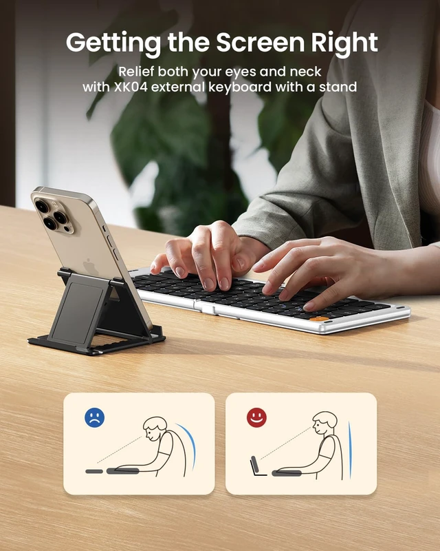 Alt view image 5 of 7 - XK04 Foldable Compact Keyboard for Phone and Tablet, White Silver | Pocket-Sized, PU Leather Cover, Bluetooth 3-Device Workflow, for Business Travelers, On-the-go Typing