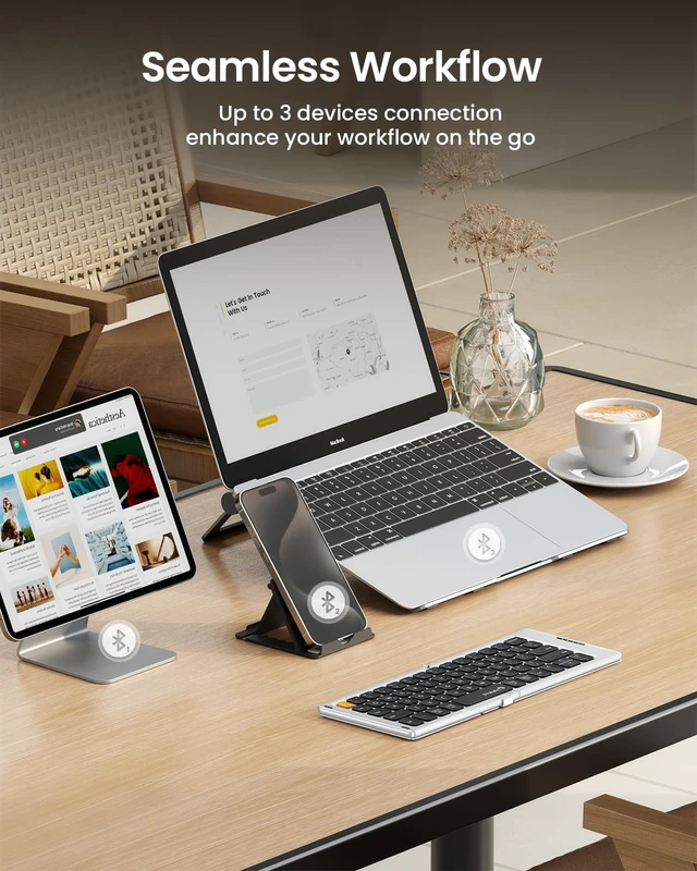 Alt view image 4 of 7 - XK04 Foldable Compact Keyboard for Phone and Tablet, White Silver | Pocket-Sized, PU Leather Cover, Bluetooth 3-Device Workflow, for Business Travelers, On-the-go Typing
