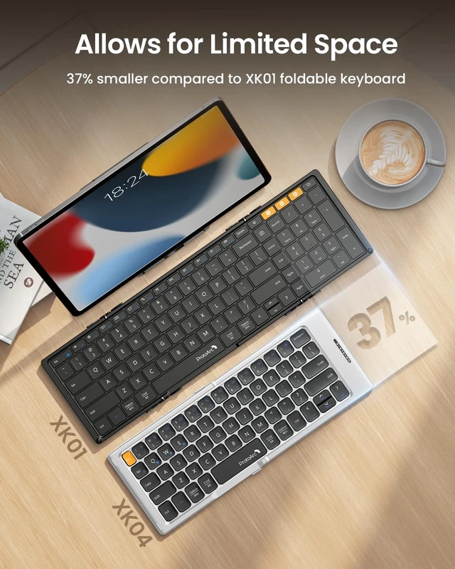Alt view image 6 of 7 - XK04 Foldable Compact Keyboard for Phone and Tablet, White Silver | Pocket-Sized, PU Leather Cover, Bluetooth 3-Device Workflow, for Business Travelers, On-the-go Typing