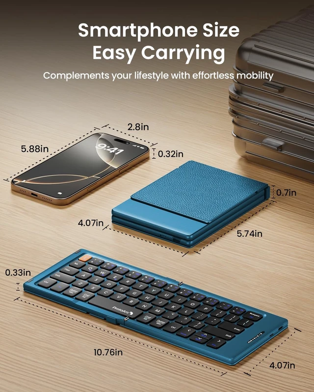 Alt view image 2 of 7 - XK04 Foldable Compact Keyboard for Phone and Tablet, Blue | Pocket-Sized, PU Leather Cover, Bluetooth 3-Device Workflow, for Business Travelers, On-the-go Typing