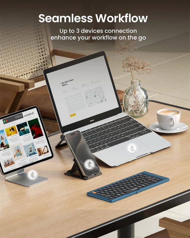 Alt view image 4 of 7 - XK04 Foldable Compact Keyboard for Phone and Tablet, Blue | Pocket-Sized, PU Leather Cover, Bluetooth 3-Device Workflow, for Business Travelers, On-the-go Typing