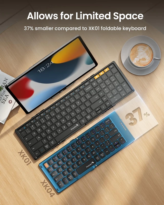 Alt view image 6 of 7 - XK04 Foldable Compact Keyboard for Phone and Tablet, Blue | Pocket-Sized, PU Leather Cover, Bluetooth 3-Device Workflow, for Business Travelers, On-the-go Typing