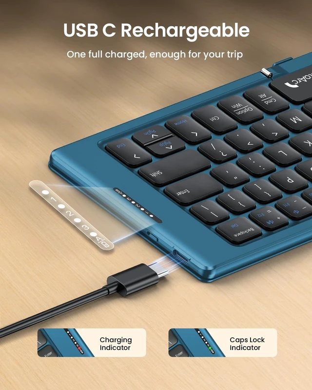 Alt view image 7 of 7 - XK04 Foldable Compact Keyboard for Phone and Tablet, Blue | Pocket-Sized, PU Leather Cover, Bluetooth 3-Device Workflow, for Business Travelers, On-the-go Typing