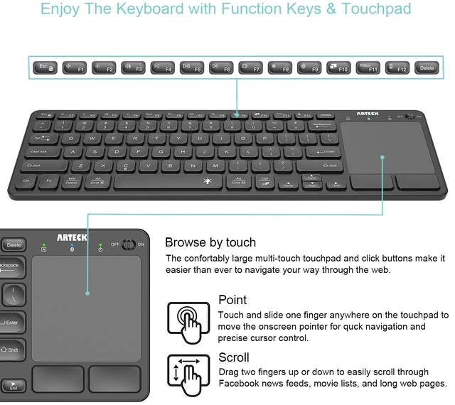 Alt view image 2 of 7 - Universal Backlit 7-Colors Bluetooth Touch TV Keyboard with Easy Media Control and Build-in Touchpad for TV-Connected Computer, Smart TV, Desktop, Laptop, iPad, Surface, Tablet, HTPC