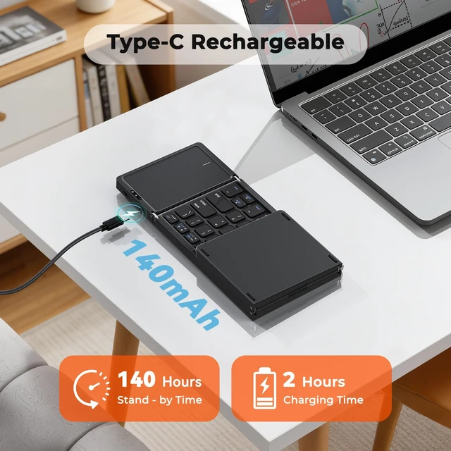 Alt view image 5 of 7 - Foldable Bluetooth Keyboard with Touchpad, Slim Portable, Black | Folding rechargeable keyboard with full-size keys, portable design for travel, compatible with iOS Android Windows laptop PC