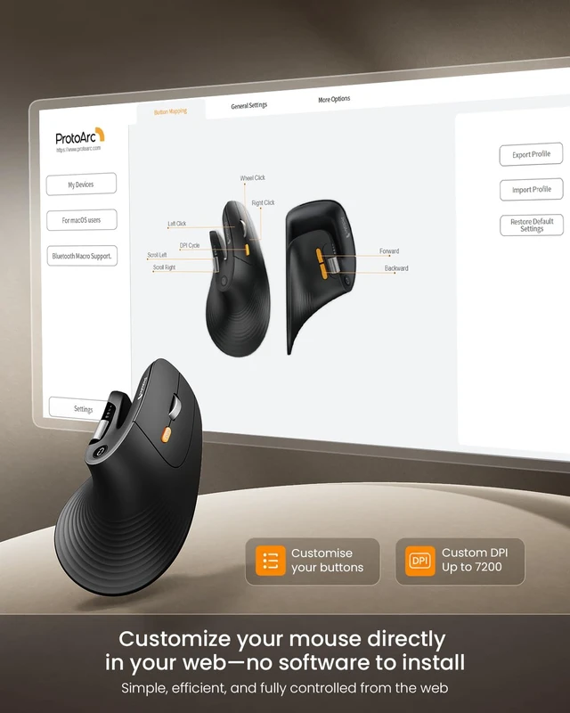 Alt view image 4 of 7 - EM11 Pro Ergonomic Mouse for Large Hands, Side Scroll, Black | Designed for 7.58.5" hands. Browser-based customization, Side scroll wheel for Excel/video editing, Multi-Device.