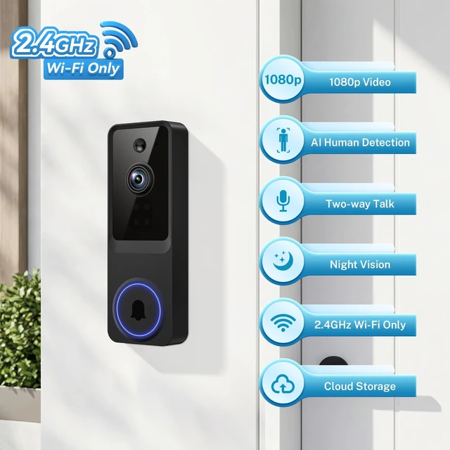 Alt view image 3 of 7 - 1080P Video Doorbell Camera Wireless with Infrared Night Vision | Smart AI Human Detection, 2.4G Wi-Fi Only, 2-Way Audio, Cloud Storage, Home Security Doorbell, Battery Powered