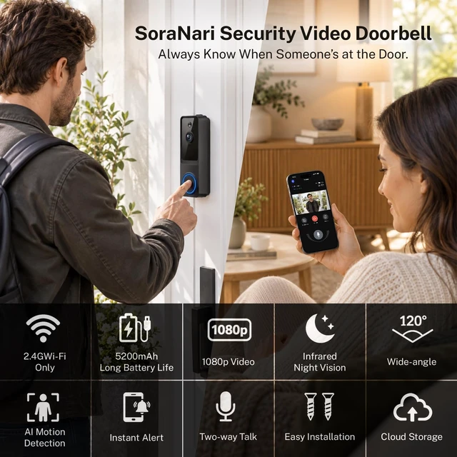 Alt view image 2 of 7 - Wireless Video Doorbell Camera,1080P FHD with Motion Detection | Two-Way Audio, Night Vision, Cloud Storage, Battery Powered, 2.4GHz Wi-Fi Only, Indoor Outdoor Surveillance