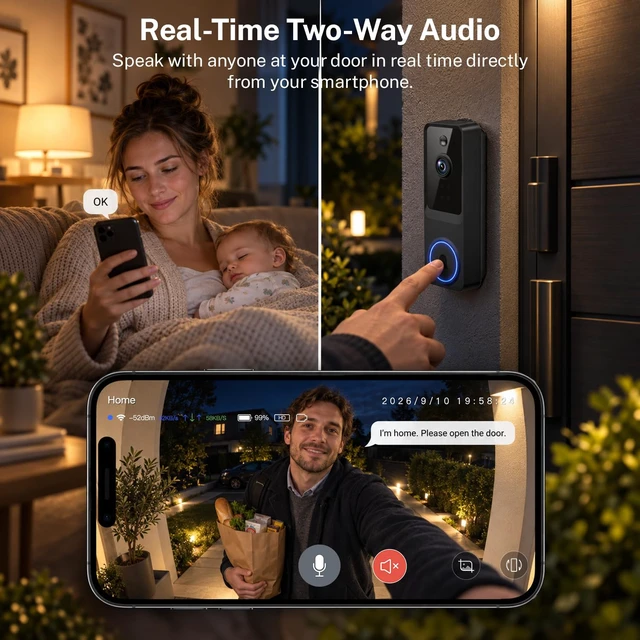 Alt view image 3 of 7 - Wireless Video Doorbell Camera,1080P FHD with Motion Detection | Two-Way Audio, Night Vision, Cloud Storage, Battery Powered, 2.4GHz Wi-Fi Only, Indoor Outdoor Surveillance