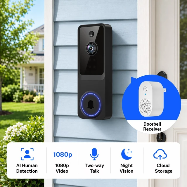 Alt view image 2 of 7 - 1080P Wireless Video Doorbell Camera with AI Human Detection, Pet Monitoring, Two-Way Audio & Live View, Night Vision, 2.4GHz WiFi, Rechargeable Battery, Cloud Storage, Indoor Doorbell Receiver