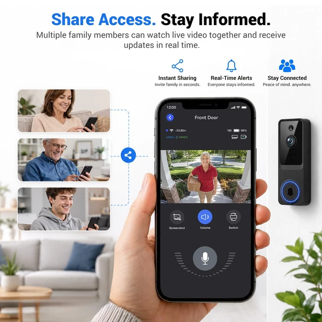 Alt view image 3 of 7 - 1080P Wireless Video Doorbell Camera with AI Human Detection, Pet Monitoring, Two-Way Audio & Live View, Night Vision, 2.4GHz WiFi, Rechargeable Battery, Cloud Storage, Indoor Doorbell Receiver