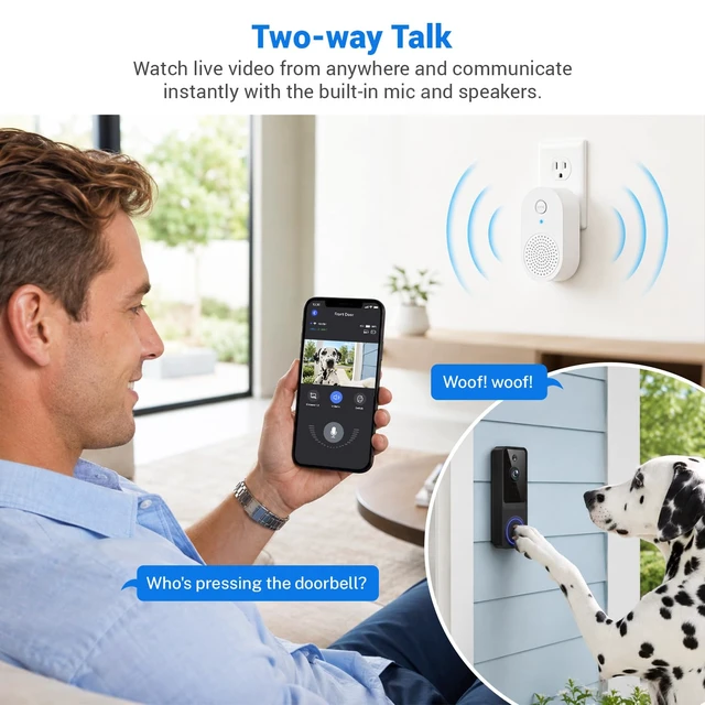 Alt view image 5 of 7 - 1080P Wireless Video Doorbell Camera with AI Human Detection, Pet Monitoring, Two-Way Audio & Live View, Night Vision, 2.4GHz WiFi, Rechargeable Battery, Cloud Storage, Indoor Doorbell Receiver