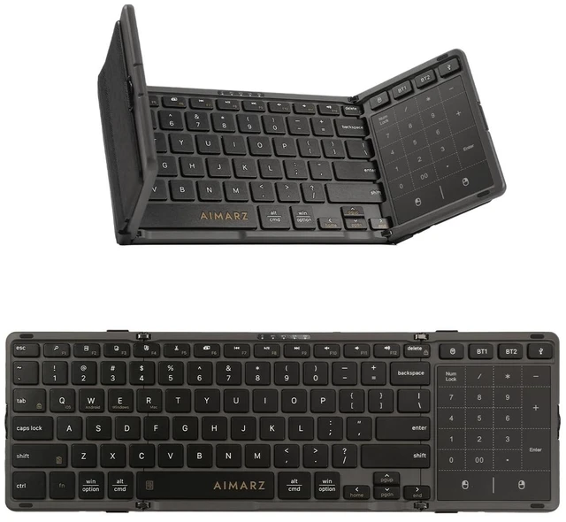 Main image of AF01 Foldable Keyboard, Full-Size Keys, Touchpad/Number Pad, Black | Full-size Typing, Folded for Travel, with Bluetooth/2.4 GHz/Wired, 4-device Switching, Side Latch, PU Pouch and Stand