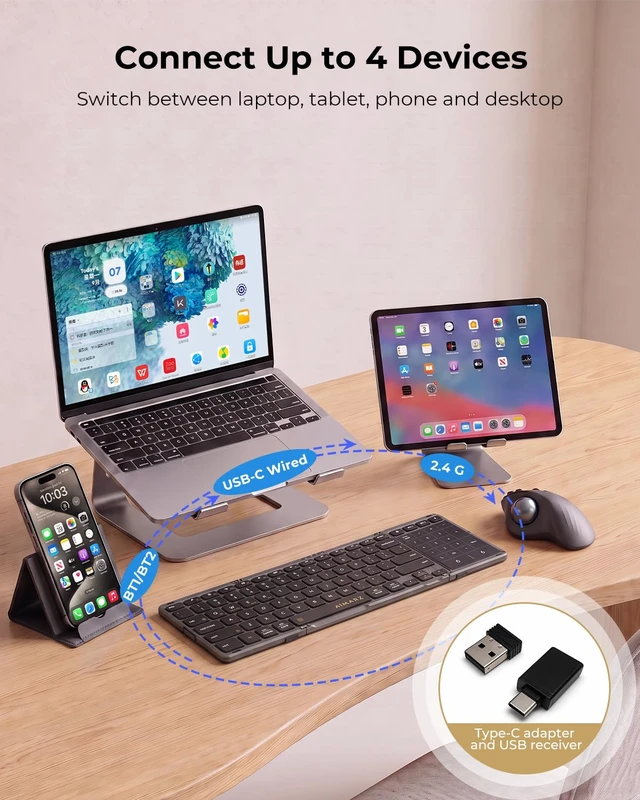 Alt view image 5 of 7 - AF01 Foldable Keyboard, Full-Size Keys, Touchpad/Number Pad, Black | Full-size Typing, Folded for Travel, with Bluetooth/2.4 GHz/Wired, 4-device Switching, Side Latch, PU Pouch and Stand