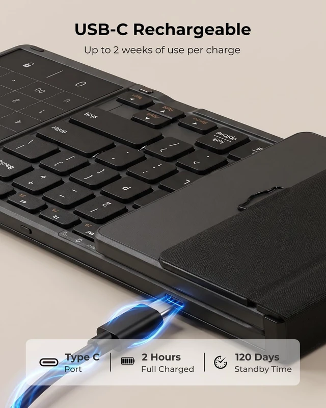 Alt view image 6 of 7 - AF01 Foldable Keyboard, Full-Size Keys, Touchpad/Number Pad, Black | Full-size Typing, Folded for Travel, with Bluetooth/2.4 GHz/Wired, 4-device Switching, Side Latch, PU Pouch and Stand
