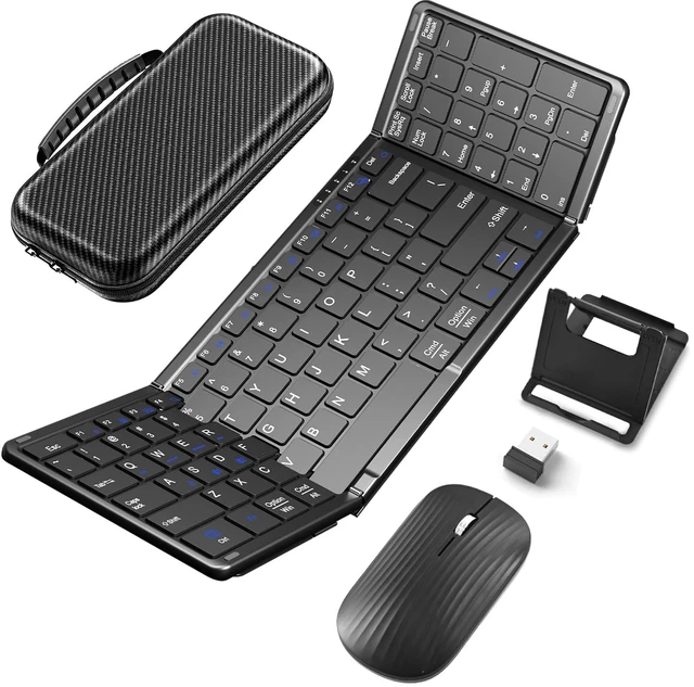 Main image of Full-Size Foldable Wireless Keyboard Mouse Combo for Travel, Black | Dual Mode Bluetooth×2+2.4G Wireless,Rechargeable Silent Full-Layout Travel Kit for iPad,Tablet,Laptop,Home & Office & Travel