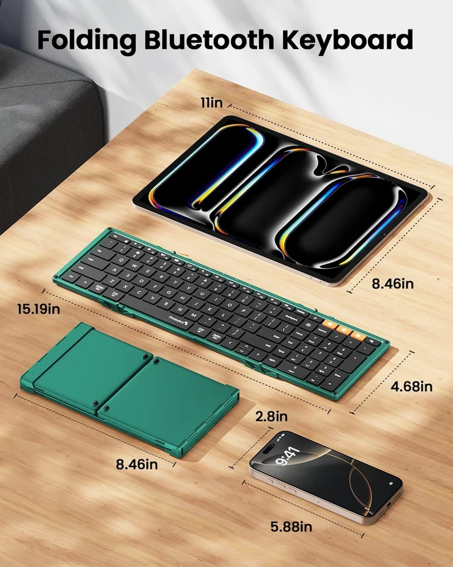 Alt view image 4 of 7 - XK01 Full-Size Foldable Bluetooth Keyboard for Travel, Green | 105 keys, number pad, 0.65in keycaps, 3-device Bluetooth 5.1 switching, USB-C charging, for laptop tablet phone