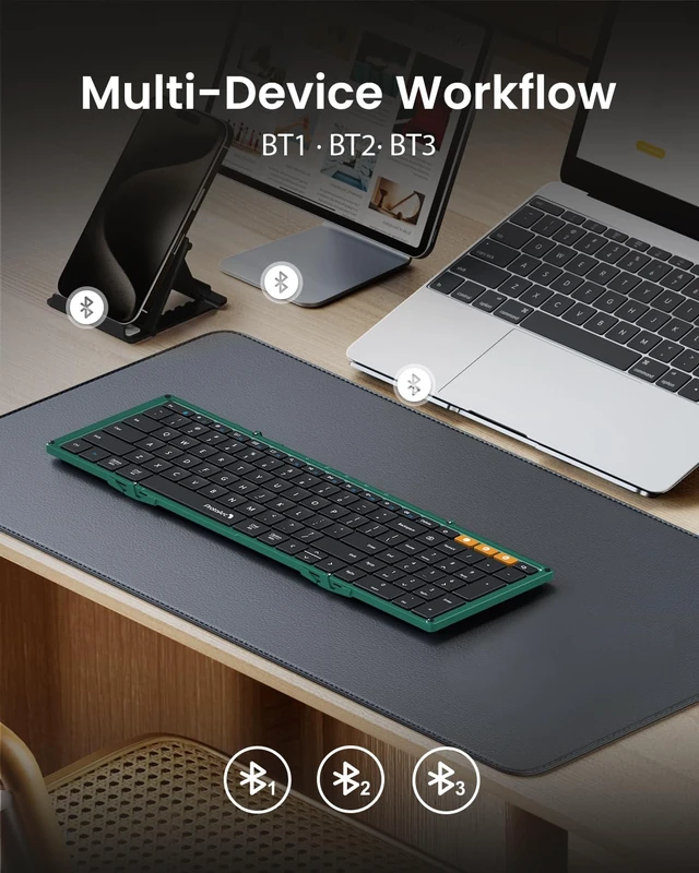 Alt view image 3 of 7 - XK01 Full-Size Foldable Bluetooth Keyboard for Travel, Green | 105 keys, number pad, 0.65in keycaps, 3-device Bluetooth 5.1 switching, USB-C charging, for laptop tablet phone