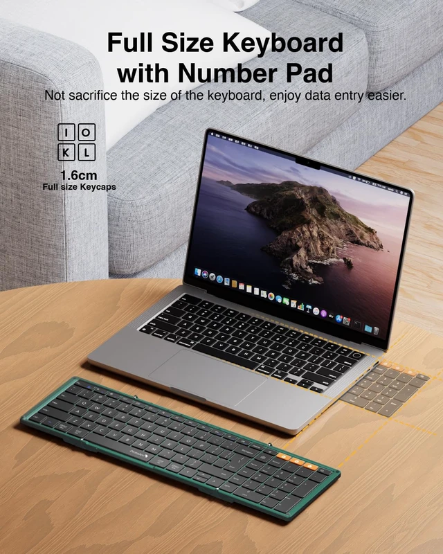 Alt view image 5 of 7 - XK01 Full-Size Foldable Bluetooth Keyboard for Travel, Green | 105 keys, number pad, 0.65in keycaps, 3-device Bluetooth 5.1 switching, USB-C charging, for laptop tablet phone
