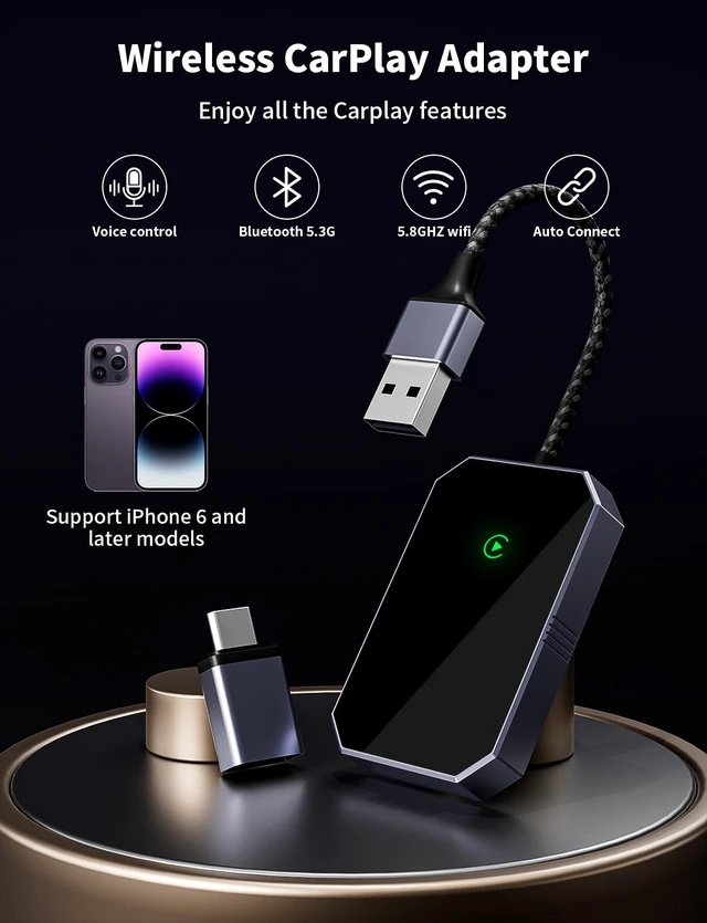 Alt view image 3 of 7 - Wireless Adapters for Carplay, Add Car Play Adapter for iPhone, Converts Wired to Wireless CarPlay, Only for Carplay Bluetooth Adapter, Car from 2015. Easy Setup, Stable Connection Daily Commute
