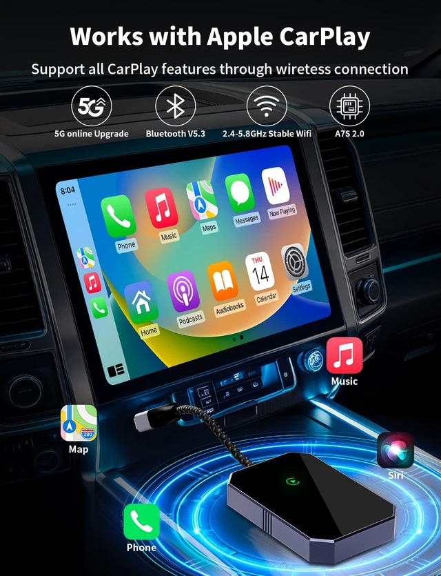 Alt view image 4 of 7 - Wireless Adapters for Carplay, Add Car Play Adapter for iPhone, Converts Wired to Wireless CarPlay, Only for Carplay Bluetooth Adapter, Car from 2015. Easy Setup, Stable Connection Daily Commute