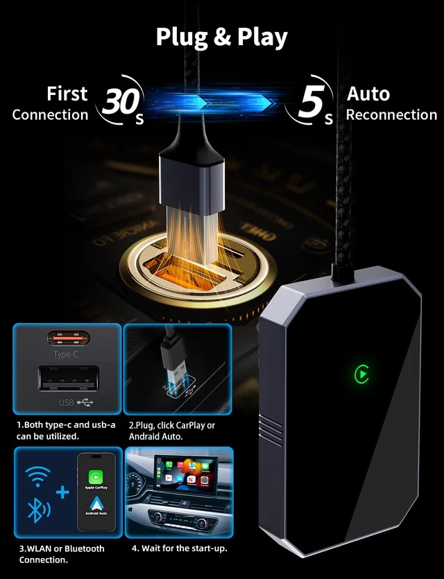 Alt view image 5 of 7 - Wireless Adapters for Carplay, Add Car Play Adapter for iPhone, Converts Wired to Wireless CarPlay, Only for Carplay Bluetooth Adapter, Car from 2015. Easy Setup, Stable Connection Daily Commute