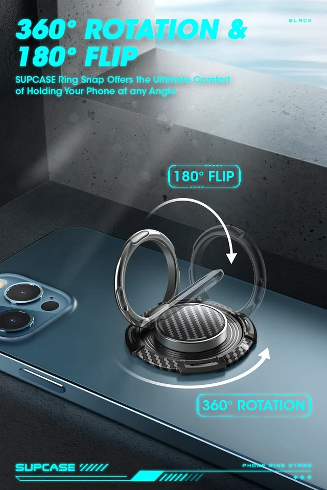 Alt view image 3 of 7 - Cell Phone Ring Holder, 360° Rotation Universal Phone Grip, Black | 180° Flip Stand, Metal Phone Ring, Compatible with Magnetic Car Mount, Universal Fit