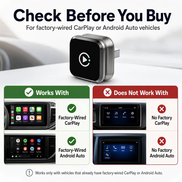 Alt view image 3 of 7 - Wireless CarPlay Adapter for Factory Wired CarPlay & Android Auto | Plug-and-Play Setup for Cable-Free Navigation, Calls, Music and Siri, Auto Reconnect in About 10 Seconds in Internal Testing