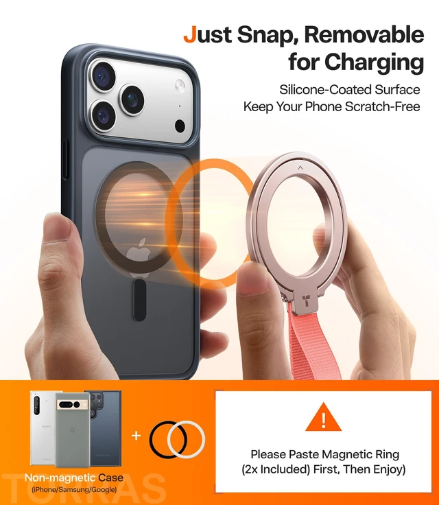 Alt view image 6 of 7 - (Gen6.0) Magnetic Phone Grip Ring Holder Kickstand, Rose Gold | 2-Sided Magnet, Braided Strap, Fit for MagSafe Ring Removable, for iPhone 17 16,15, 14, 13 12 Pro/Max Samsung Galaxy, Google