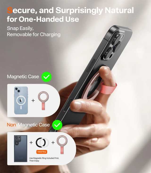 Alt view image 7 of 7 - (Gen6.0) Magnetic Phone Grip Ring Holder Kickstand, Rose Gold | 2-Sided Magnet, Braided Strap, Fit for MagSafe Ring Removable, for iPhone 17 16,15, 14, 13 12 Pro/Max Samsung Galaxy, Google