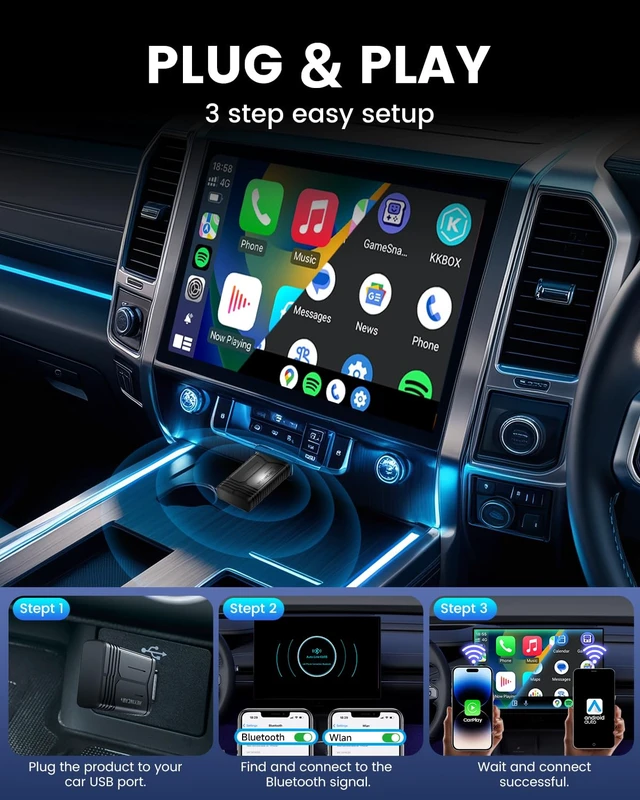 Alt view image 3 of 7 - Wireless CarPlay & Android Auto Adapter, Wired to Wireless CarPlay Adapter for Factory Systems, Auto Reconnect, Dual-Band WiFi, Plug & Play, Compact Hidden Design, USB-A & USB-C