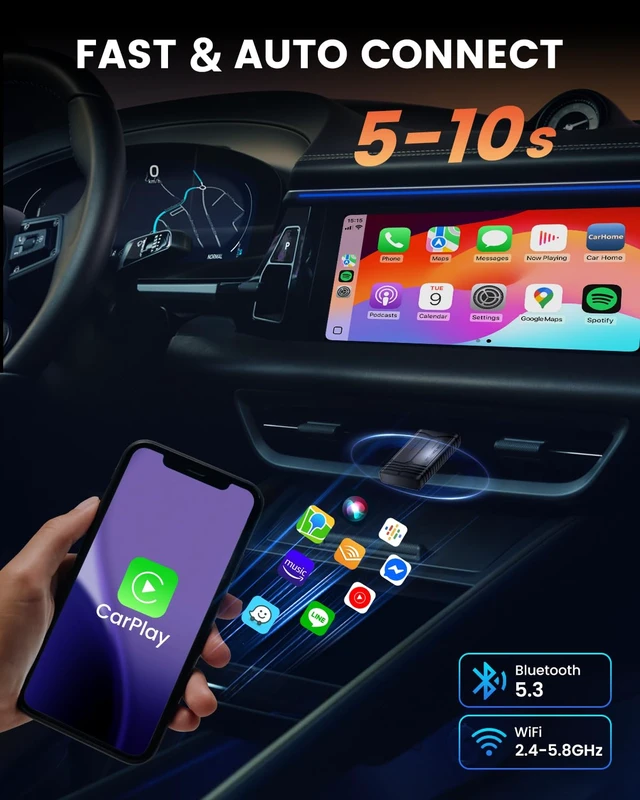 Alt view image 5 of 7 - Wireless CarPlay & Android Auto Adapter, Wired to Wireless CarPlay Adapter for Factory Systems, Auto Reconnect, Dual-Band WiFi, Plug & Play, Compact Hidden Design, USB-A & USB-C