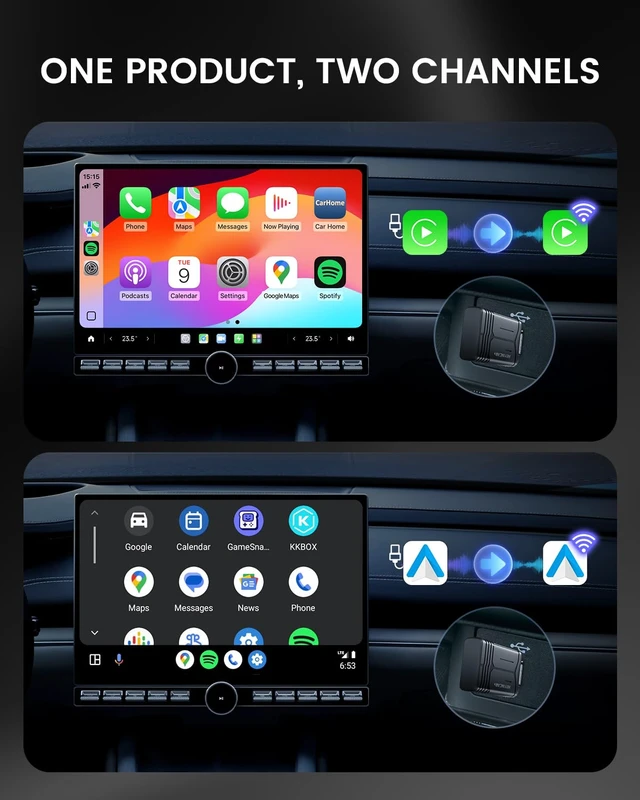 Alt view image 6 of 7 - Wireless CarPlay & Android Auto Adapter, Wired to Wireless CarPlay Adapter for Factory Systems, Auto Reconnect, Dual-Band WiFi, Plug & Play, Compact Hidden Design, USB-A & USB-C
