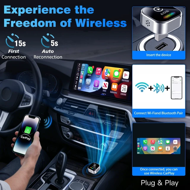 Alt view image 2 of 7 - Wireless CarPlay Adapter for iPhone 2027 Upgraded 4-in-1 Dongle with AirPlay & Screen Mirroring, Low Latency, 5-Second Auto Connect for Wired Cars, Includes USB A/CSilvery